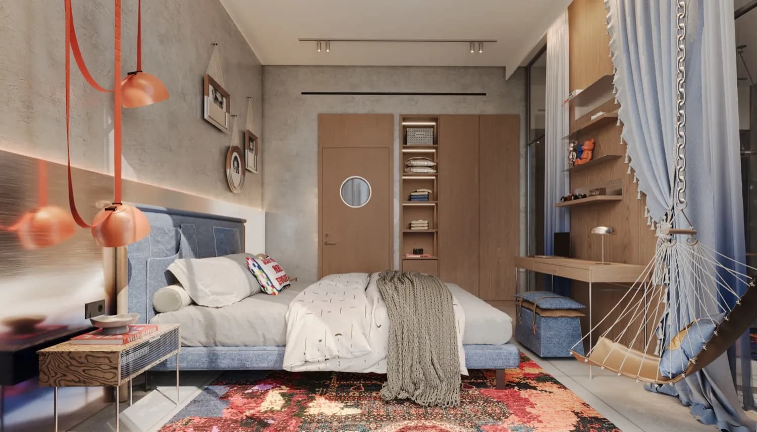 Bedroom with concrete feature wall