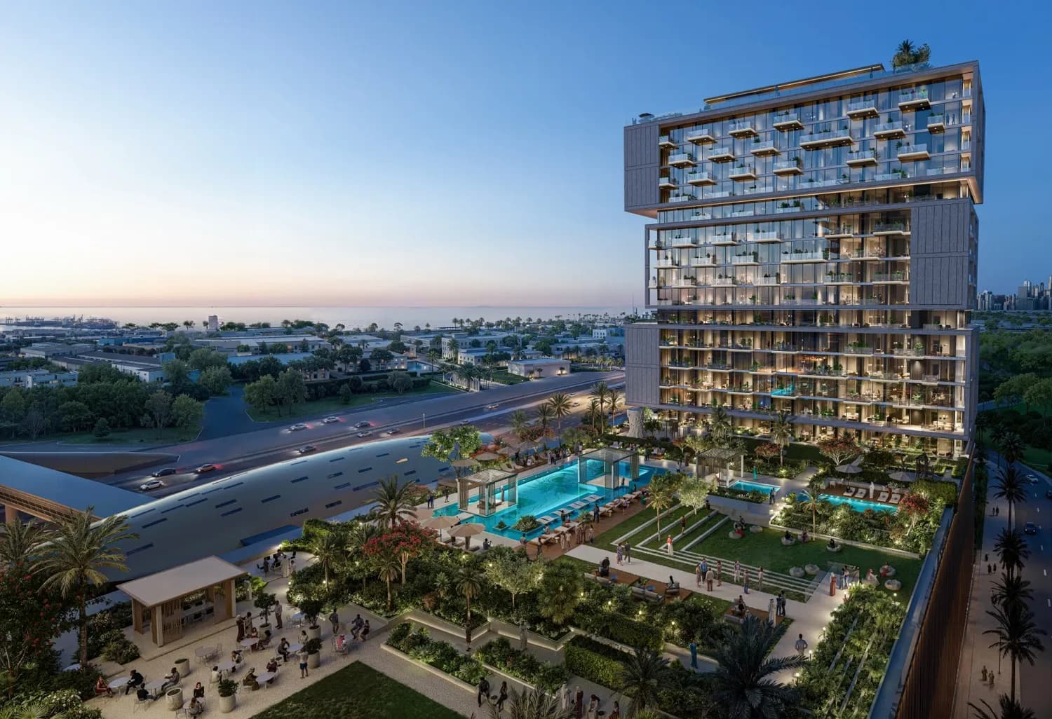 RAW District exterior render — stacked contemporary volumes