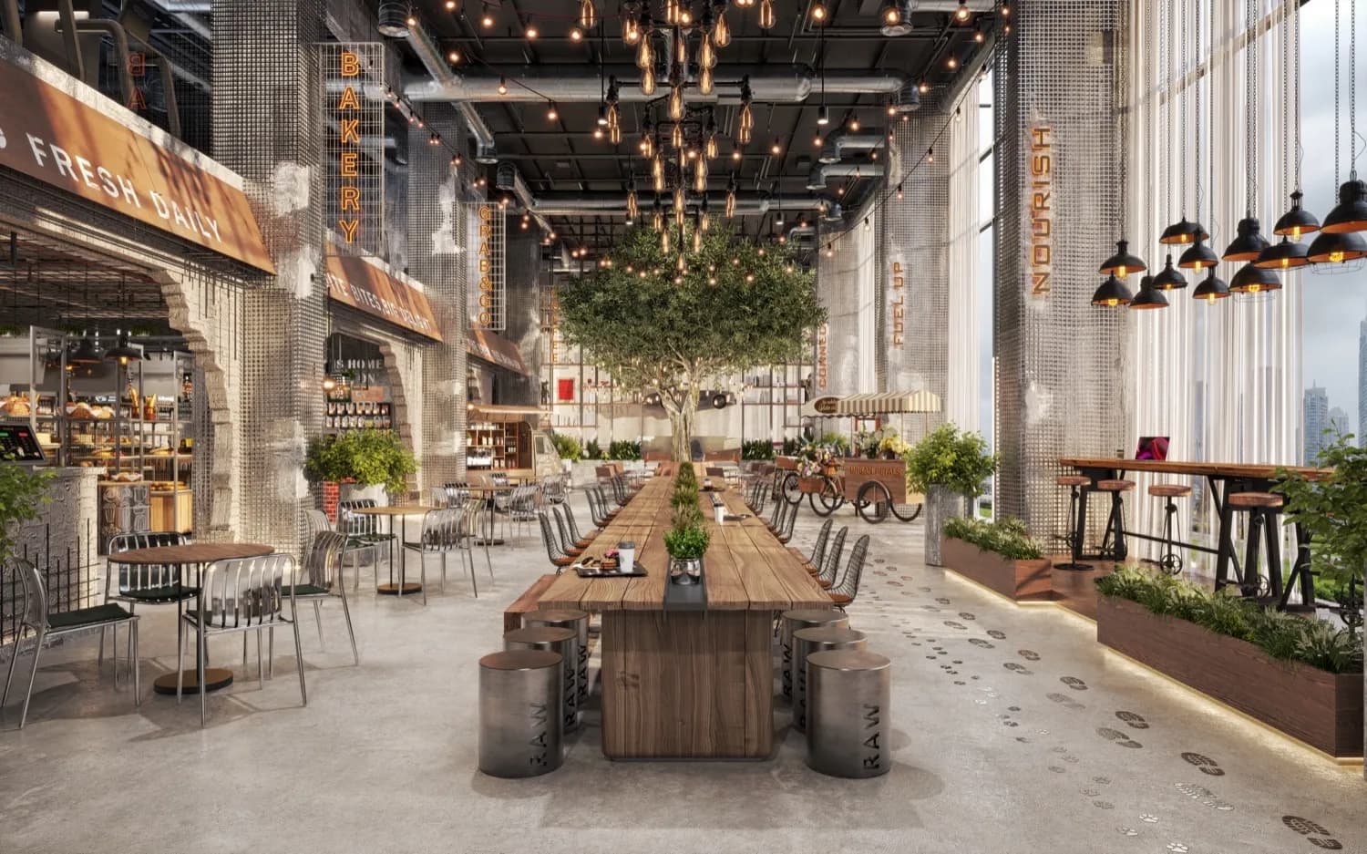 Residential lobby — raw concrete and warm light