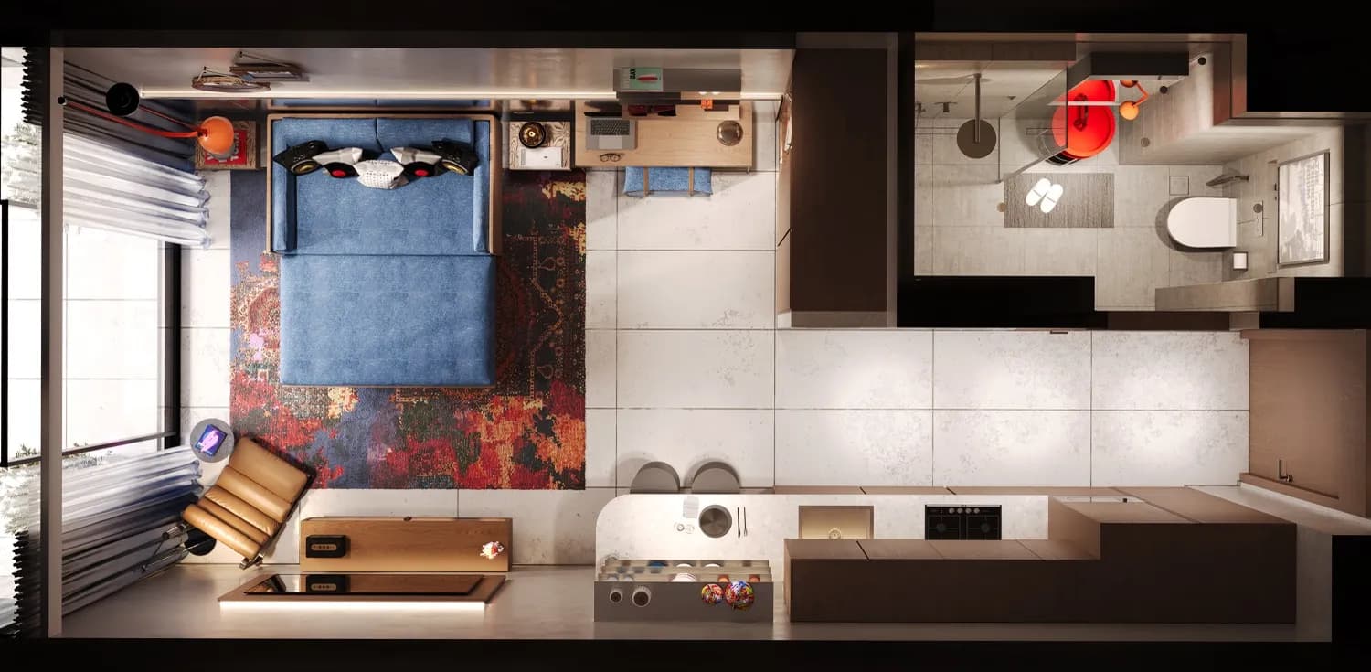 Fully furnished smart studio at RAW District — top-down cutaway